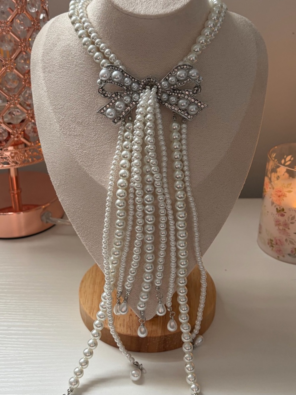 Vintage Inspired Pearl Bow Statement Necklace – Dramatic Drop Tassel Bib